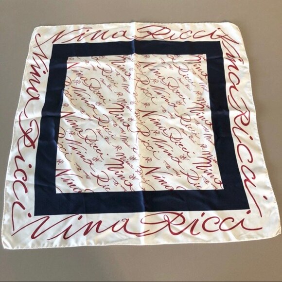 NINA RICCI Silk Ivory Red Navy Border Square Scarf with Logo Writing - Picture 2 of 8